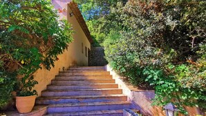 A set of stone steps leading up to a building with a stucco exterior, surrounded by lush greenery. - nice villa with with pool and seaview (agay)