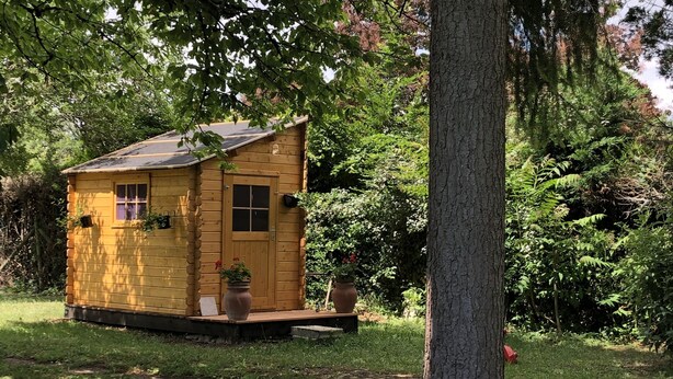 A small wooden cabin with a porch, surrounded by lush greenery and trees.
