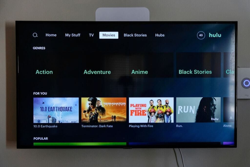 Una pantalla de televisor muestra una interfaz de servicio de transmisión con categorías como Acción, Aventura, Anime, Historias Negras y Clásicos.