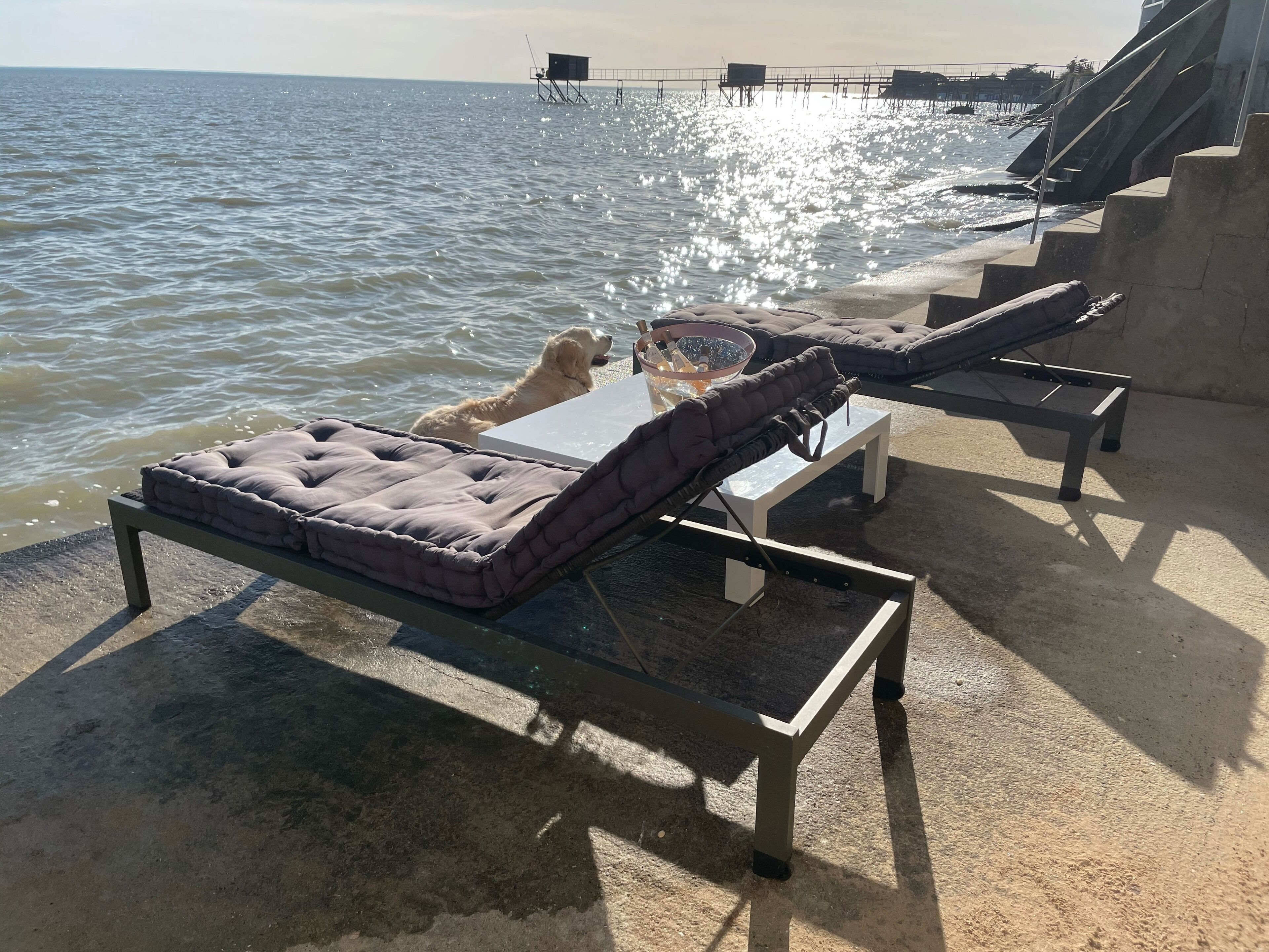 A seaside patio with lounge chairs and a table, overlooking the ocean.