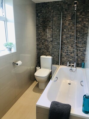 Duschwanne, Haartrockner, Handtücher, Seife