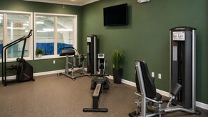 A gym with exercise equipment, a ceiling fan, a TV, and a window with a view of an indoor pool. - Must see the Up Cabin in the Hideout (Lake Ariel)