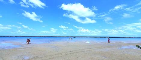 On the beach, sun-loungers