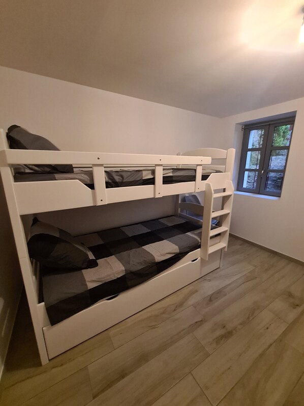 A bunk bed with a ladder, a window with a view of trees, and a wooden floor.