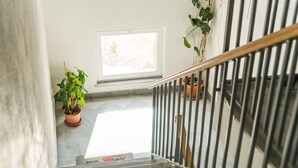 A staircase with a metal railing, potted plants, and a window with natural light. - Beautiful apartment in Slatine with WiFi (Slatine)