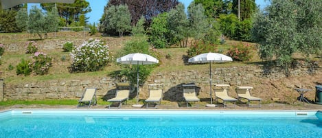Piscine extérieure, chaises longues