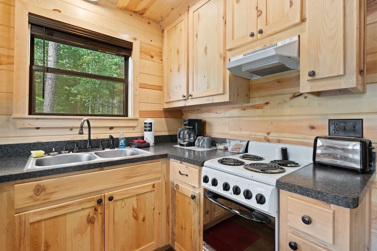 A wooden cabin kitchen with a double sink, stove, toaster, and a window overlooking a forest.