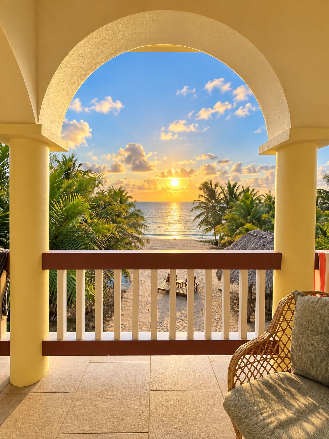 A balcony with a view of a sunset over the ocean, palm trees, and a thatched roof structure.