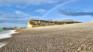 On the beach, sun loungers