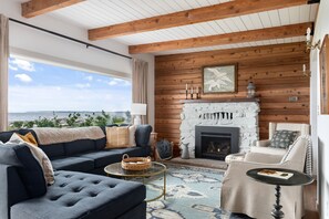 Smart TV, fireplace, books