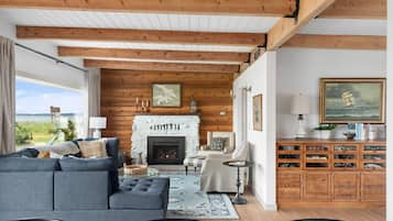 TV connectée, cheminée, livres