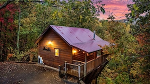 A wooden cabin with a metal roof, surrounded by autumn foliage. - Free Dollywood Tix+MtnViews+Pool+Couples+DogsOK (Sevierville)