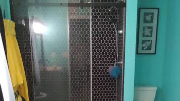 Combined shower/bathtub, towels, soap, toilet paper