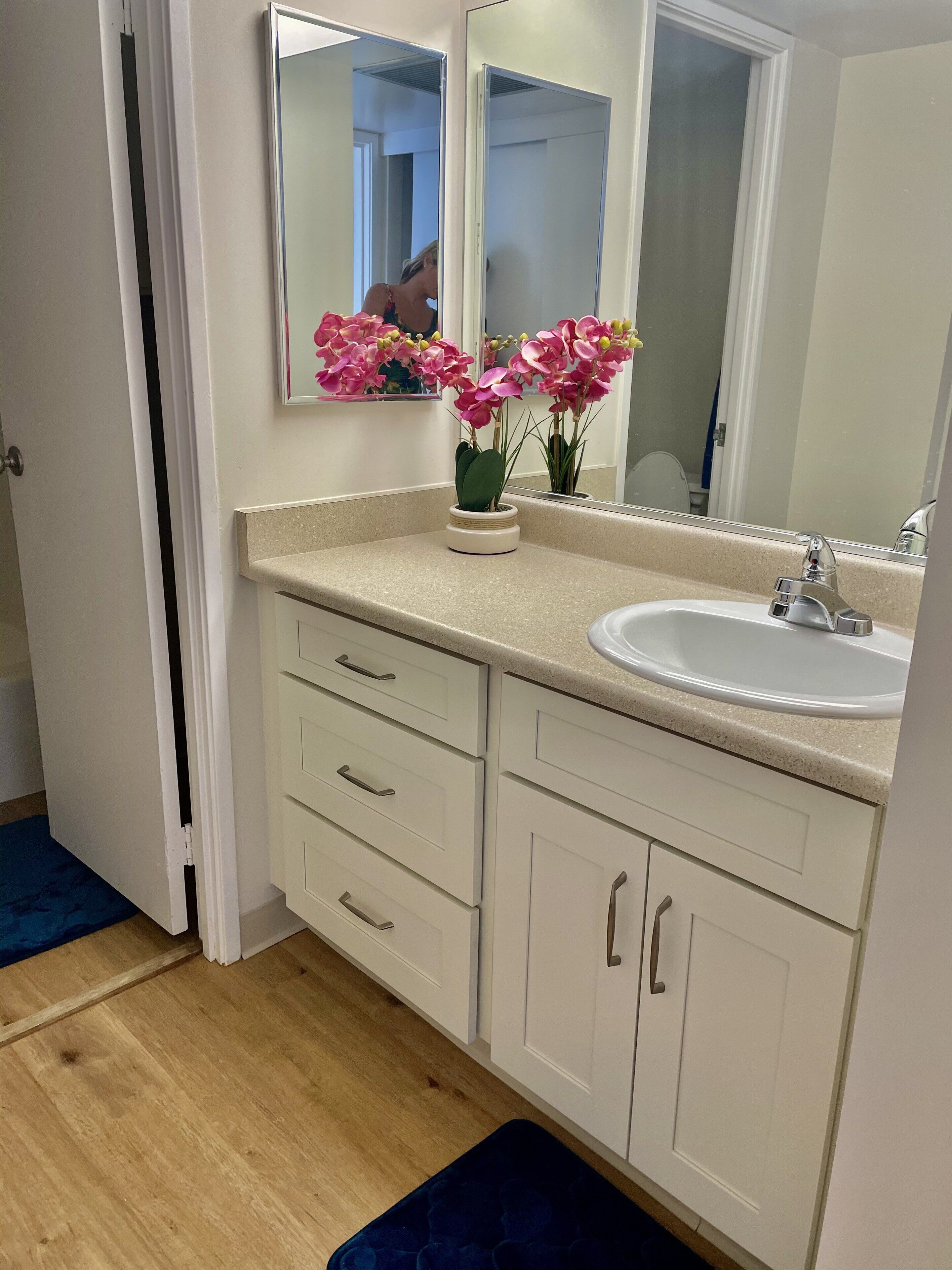 Un bagno con un lavandino bianco, uno specchio e una pianta di orchidea in vaso.