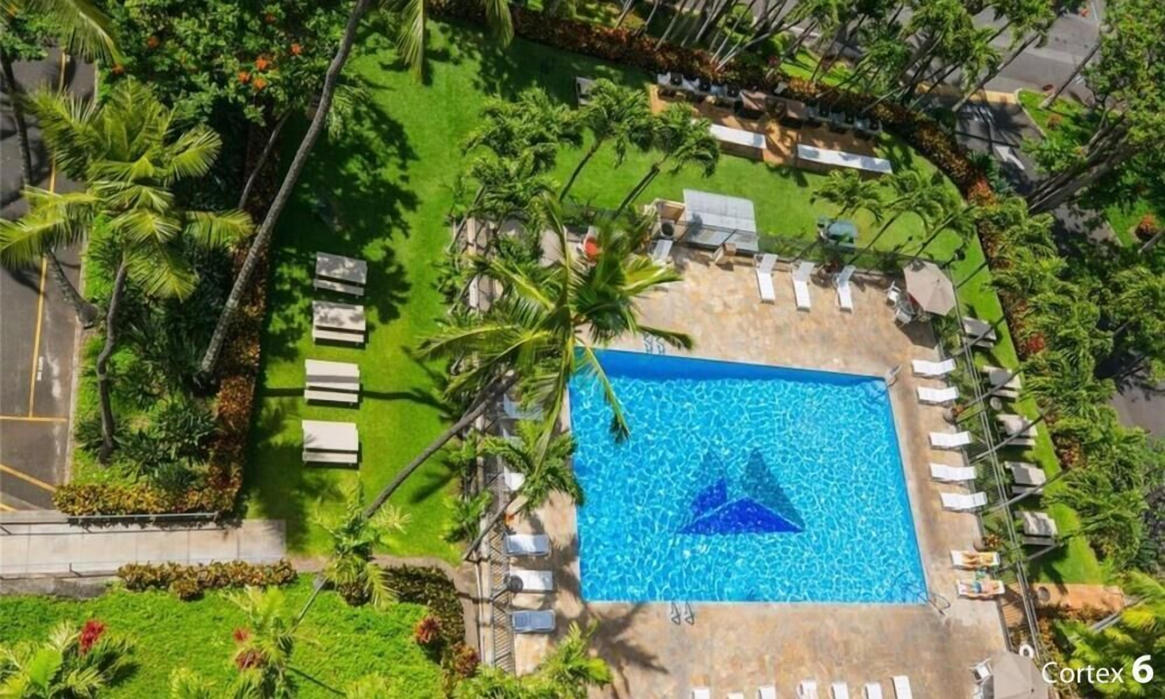 An aerial view of a resort with a central swimming pool surrounded by palm trees and lounge chairs.
