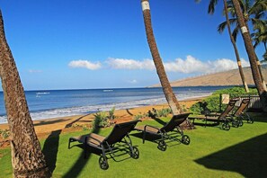On the beach, sun loungers, beach towels