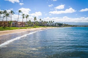 On the beach, sun loungers, beach towels