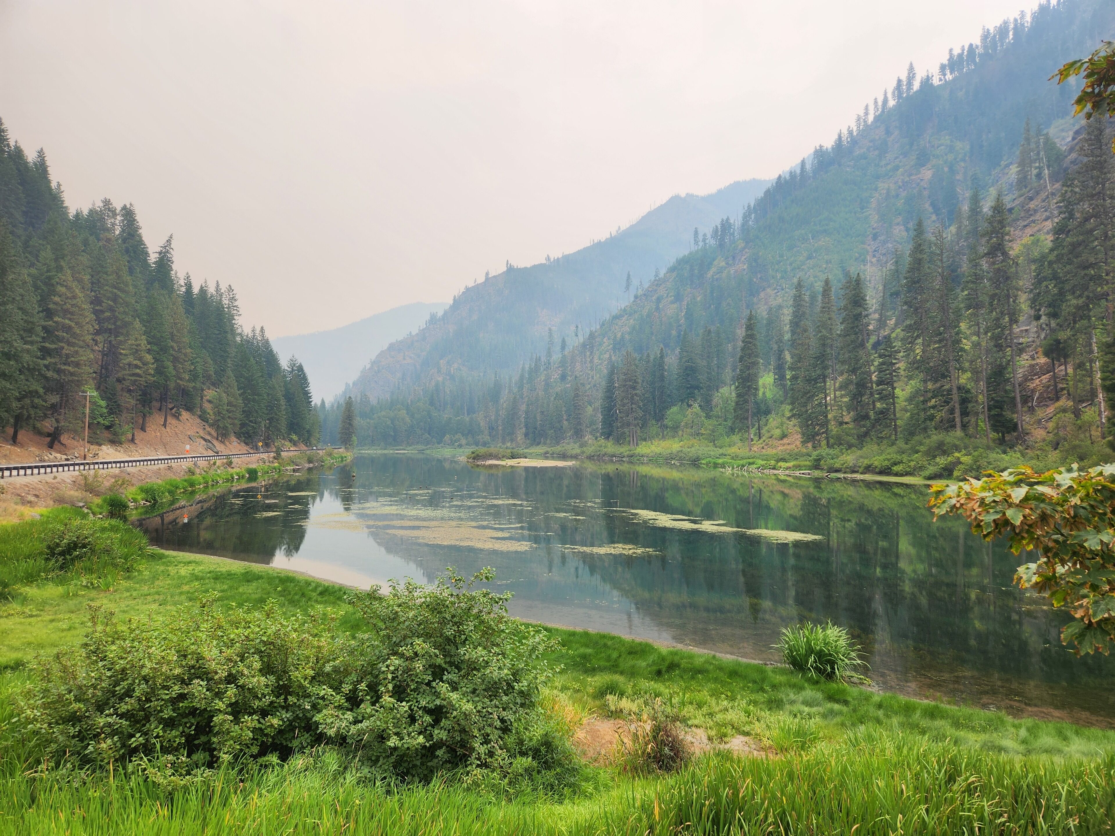 Une rivière bordée d’une forêt dense et de montagnes.