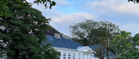 A white building with a blue roof, surrounded by trees and benches.