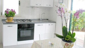 A compact kitchen with white cabinets, a stove, and a sink. There is a window with a view of greenery outside. - Residence Maresol Two-bedroom Villa With Terrace Sea View (Vieste)