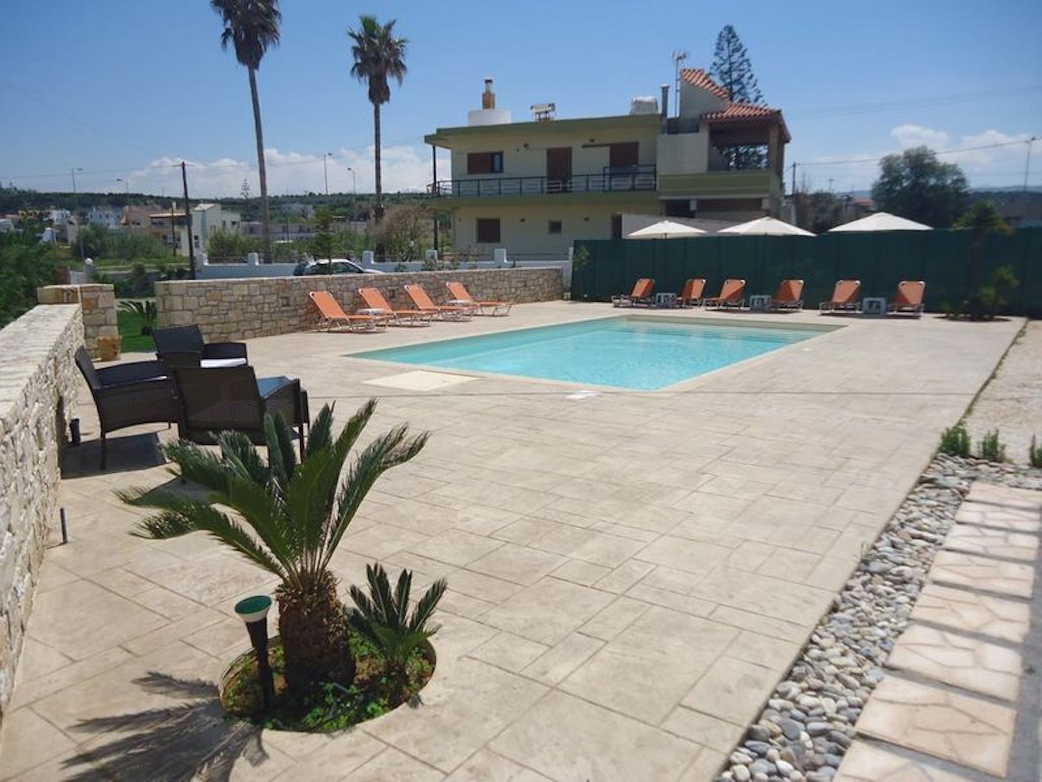 A rectangular pool with lounge chairs and a palm tree in the foreground.