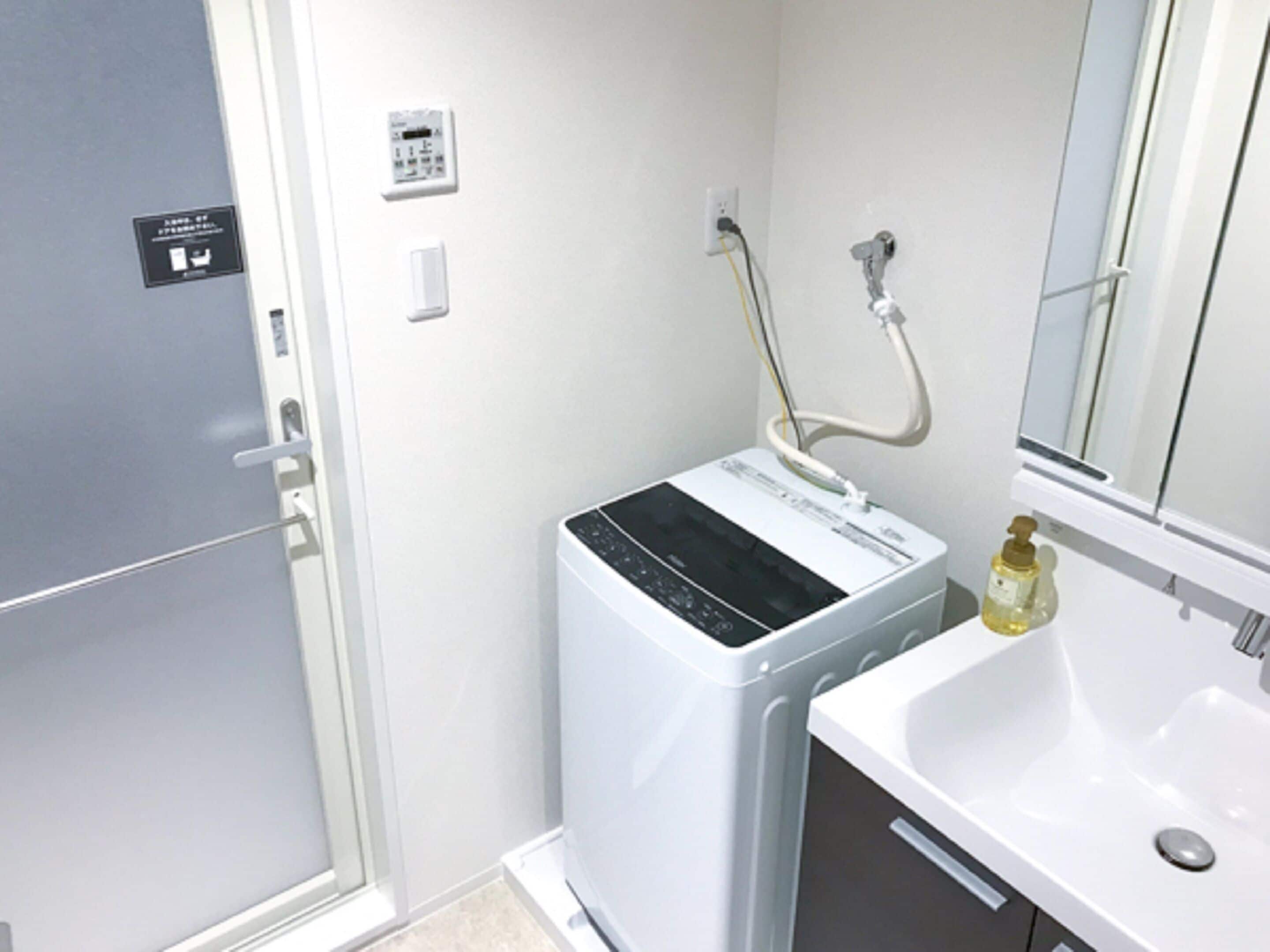 A compact bathroom with a white sink, a handheld showerhead, and a small washing machine.