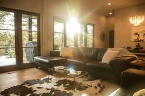 Smart TV, chimenea, reproductor de DVD y oficina