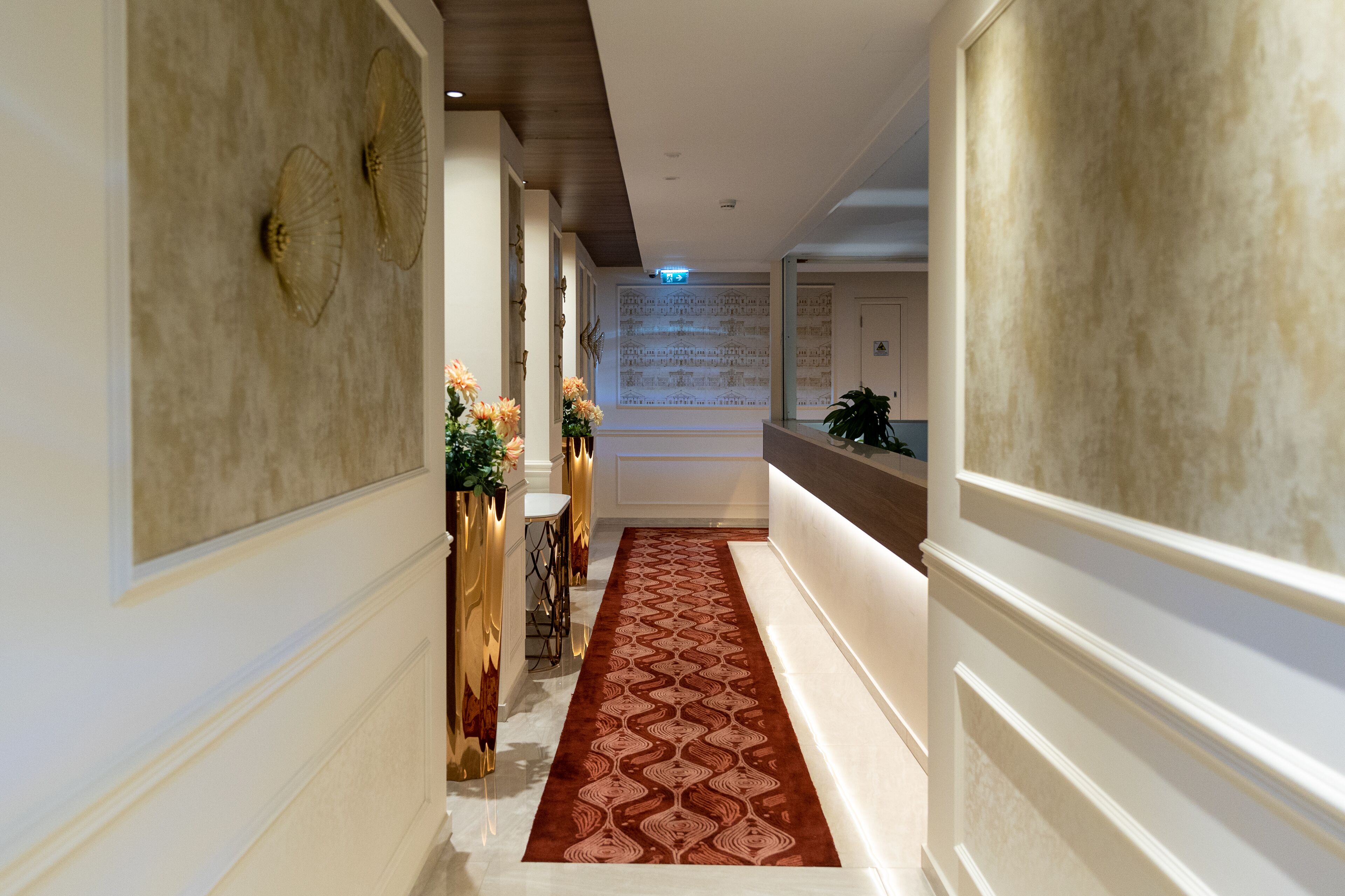 Un pasillo con alfombra estampada, elementos decorativos en la pared y una planta en un estante.