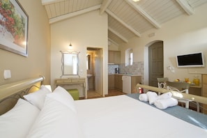 Relax in a spacious room with a large bed, desk, and TV, plus a kitchenette and bathroom.