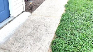 Una casa con porche delantero, un camino que lleva a la puerta y un jardín con flores rosadas.