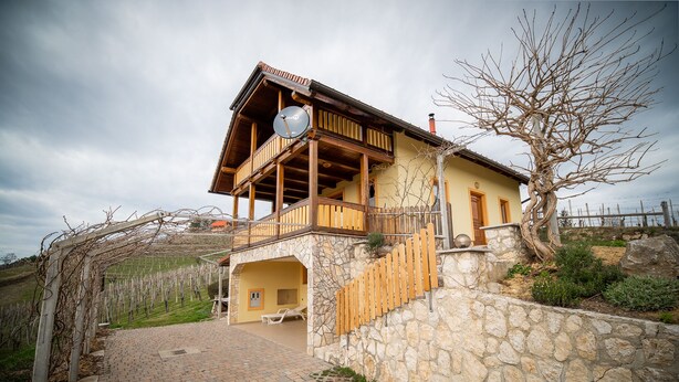 Ein zweistöckiges Haus mit Sandsteinfassade, einem Holzbalkon und einem Weinberg im Hintergrund.