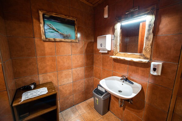 Un baño con azulejos marrones, un lavamanos, un espejo, un cuadro enmarcado y un cubo de basura.