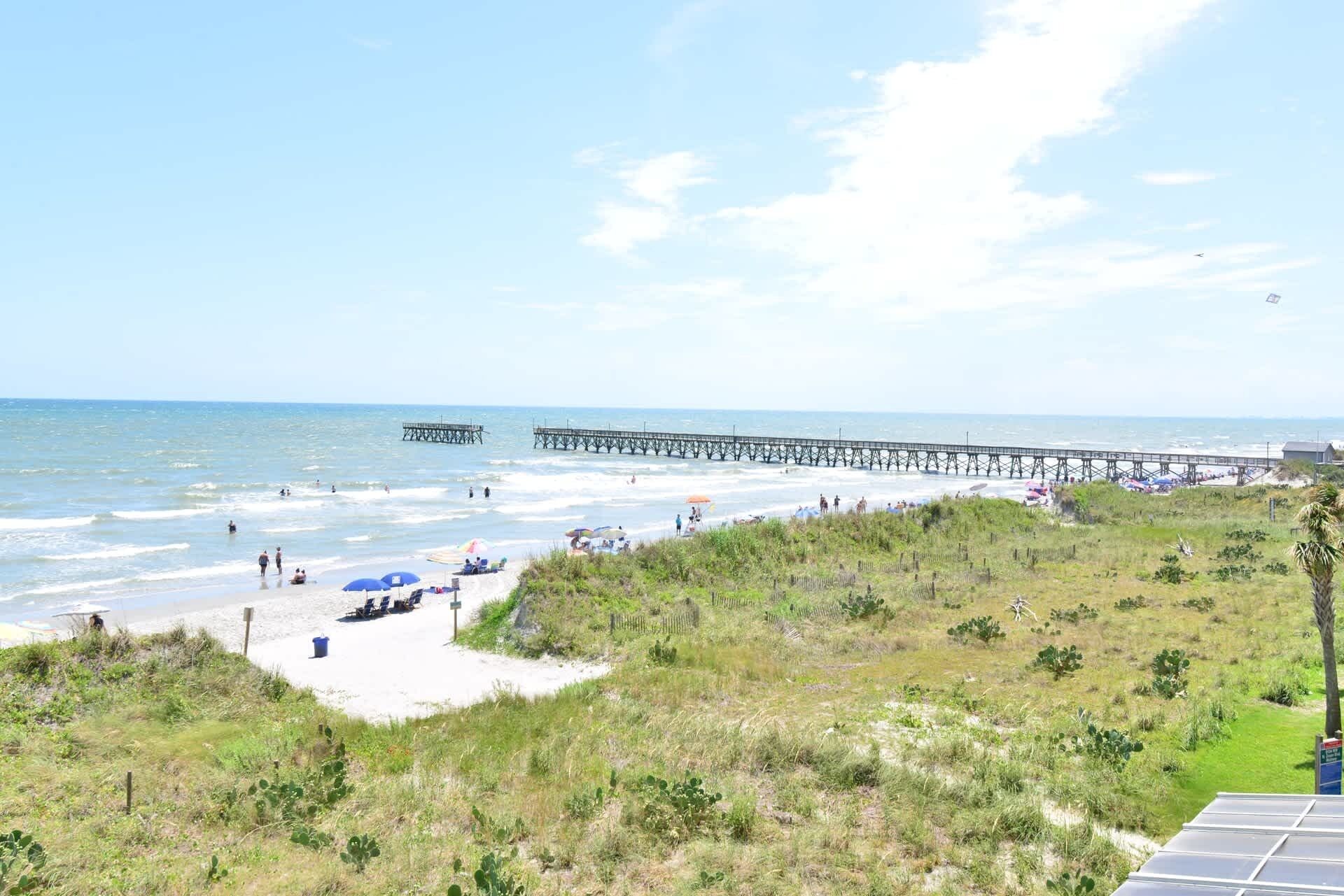A beach with a pier extending into the ocean, sandy areas, and grassy terrain.