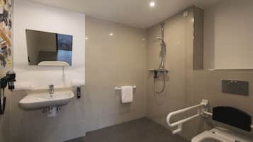 Shower, free toiletries, hair dryer, towels