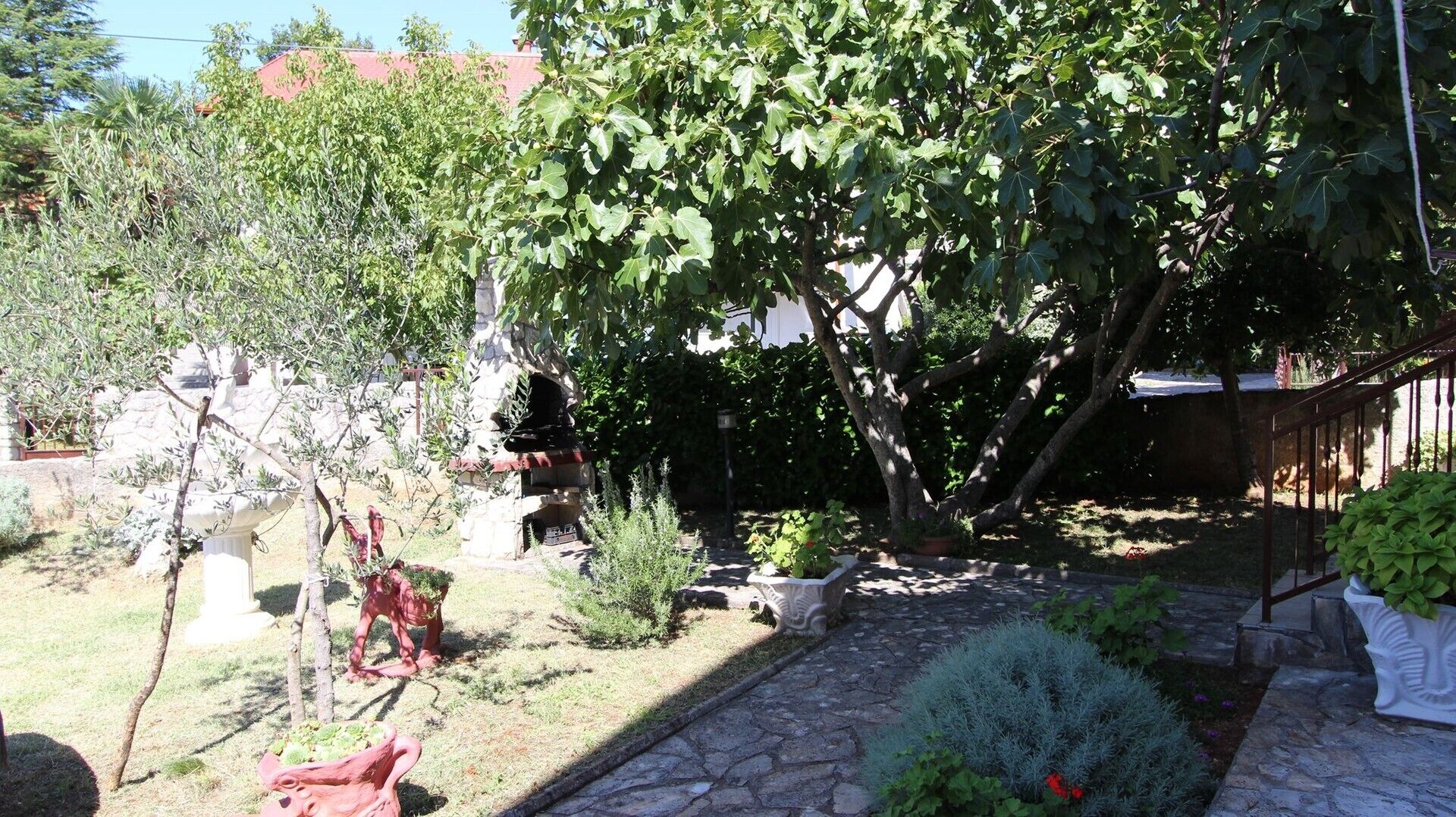 A garden with a stone pathway, various plants, and a pergola structure.