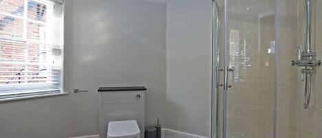 A bathroom with a toilet, a shower, and a window with blinds.