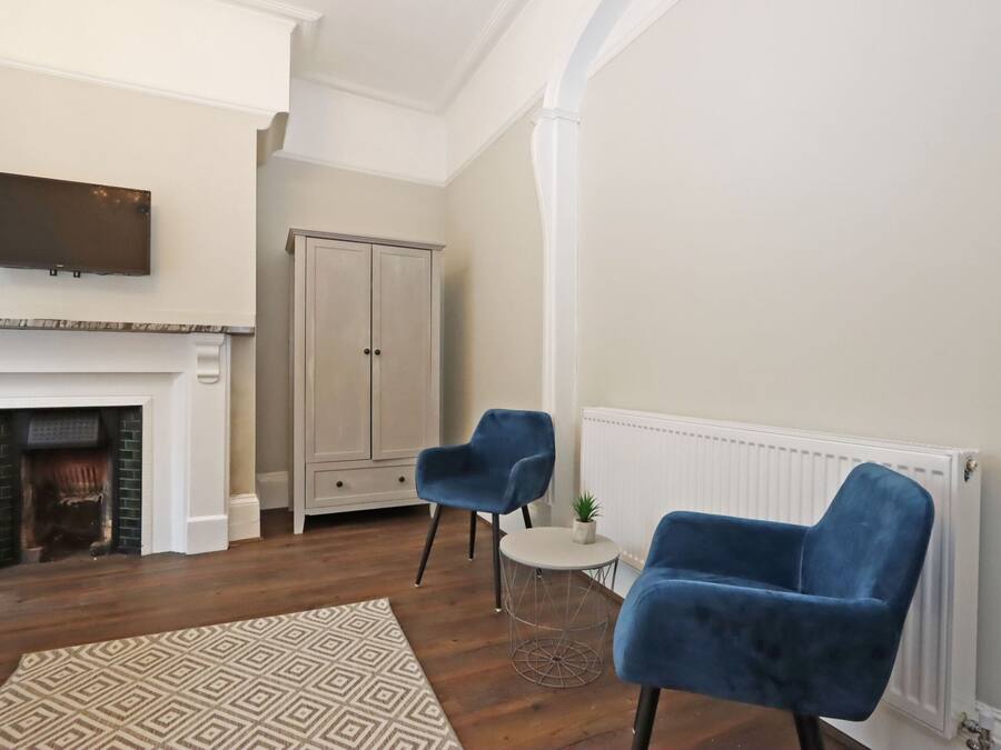 Un salón con chimenea, dos sillones azules, un tapete estampado y un televisor montado en la pared.