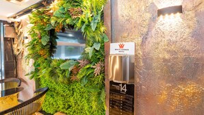 En vägg med en stor, grön växtkomposition och en skylt som visar att det är rum nummer 14 på White Corner Hotel.