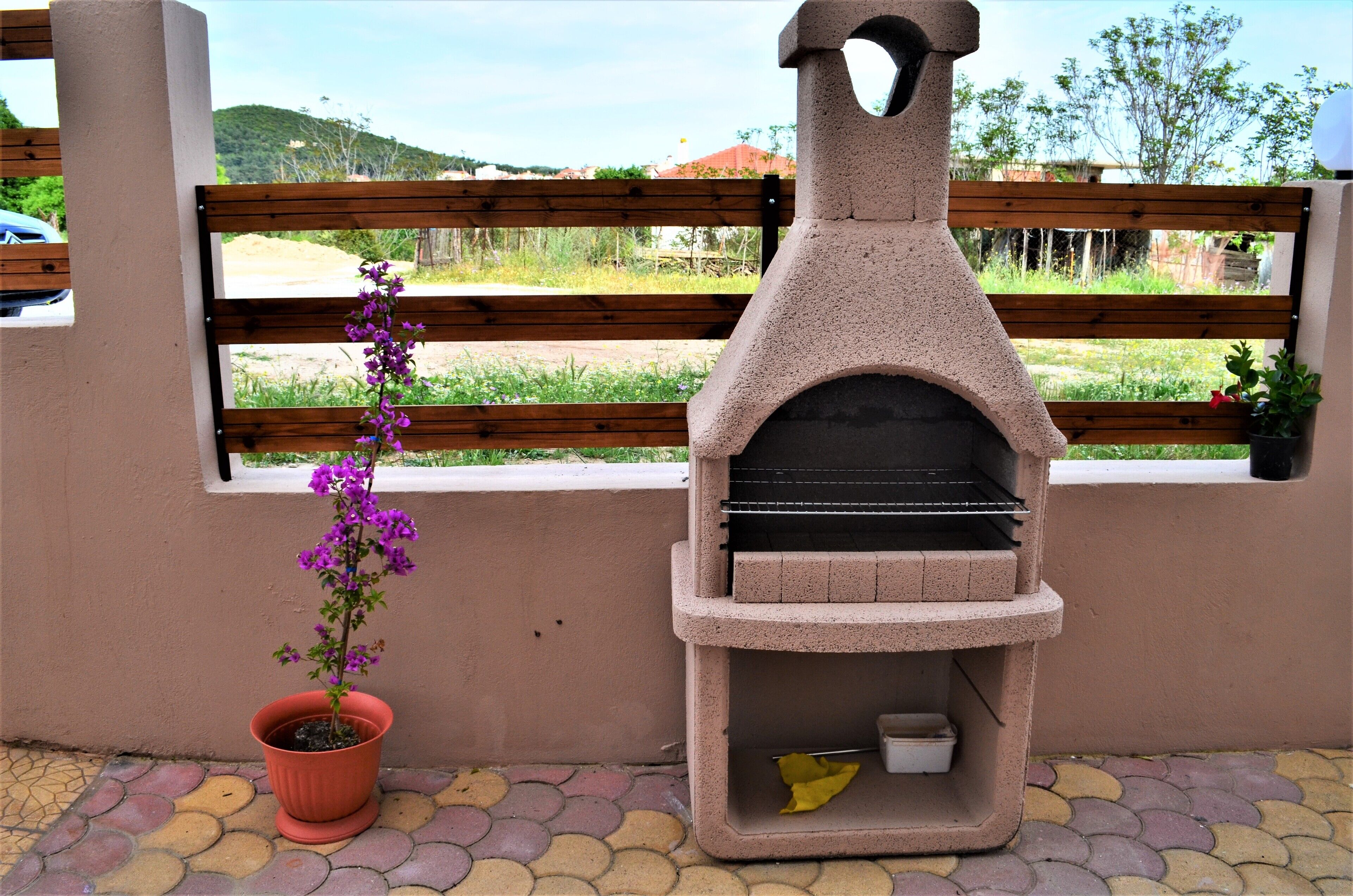 Una parrilla de piedra al aire libre con una ventana al fondo, una maceta con una flor púrpura y un patio con baldosas.