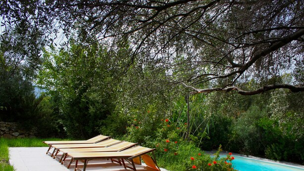 Un área junto a la piscina con sillones de descanso y una pared de piedra.