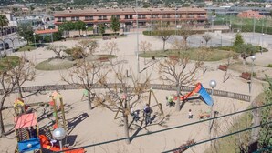 Ein Spielplatz mit Schaukeln und Rutschen, umgeben von Bäumen und Bänken.