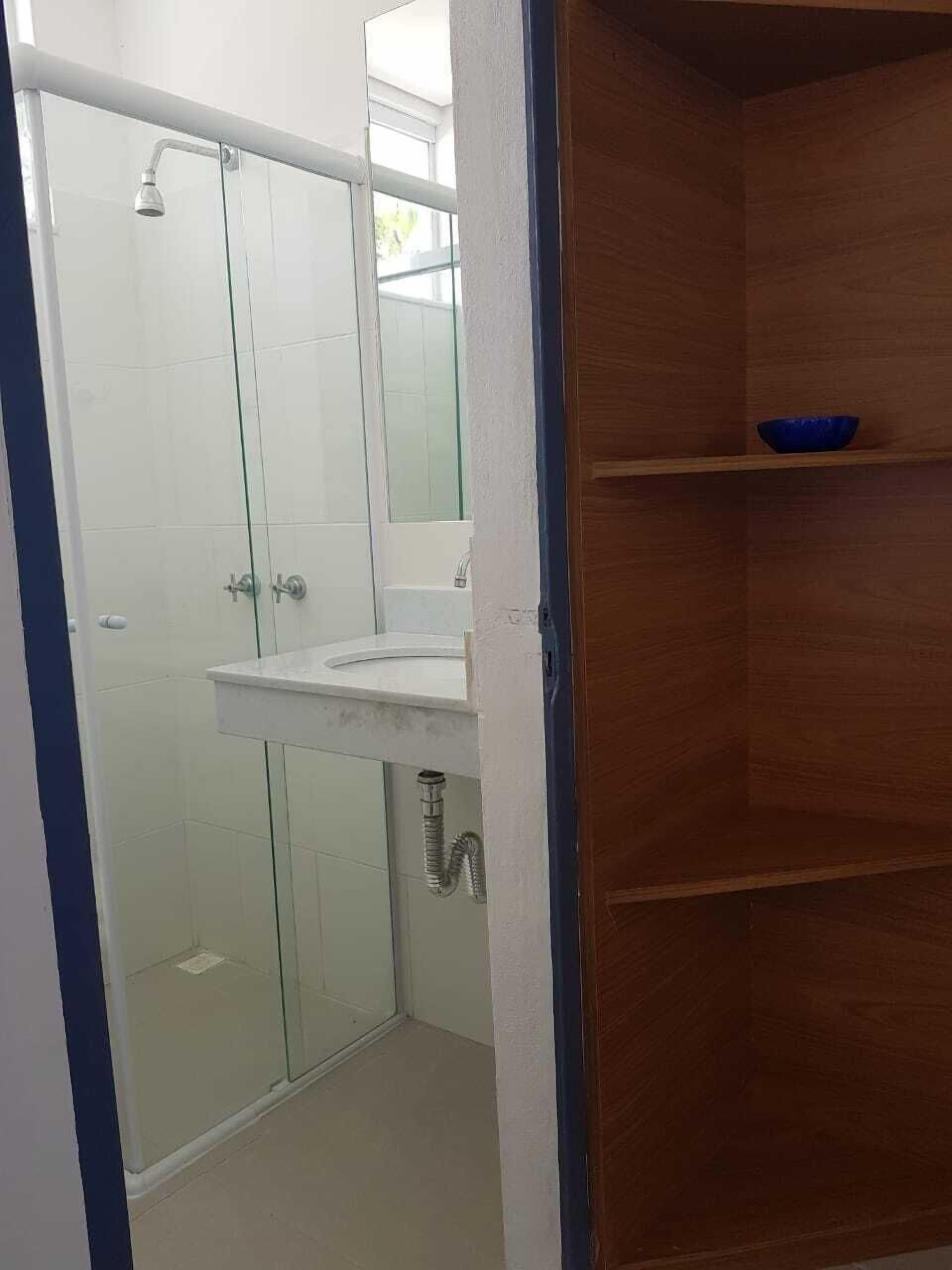 A bathroom with a glass shower enclosure, a white sink, and a wooden shelf.