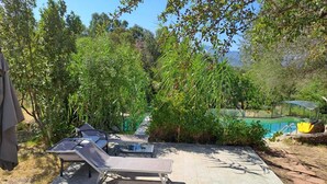 A pool area with a lounge chair and a table, surrounded by greenery and a clear view of the pool.