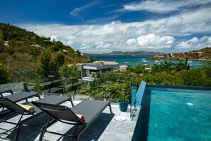 Una piscina infinita en la azotea con sillones de descanso, una planta en maceta y vistas al mar y las colinas.