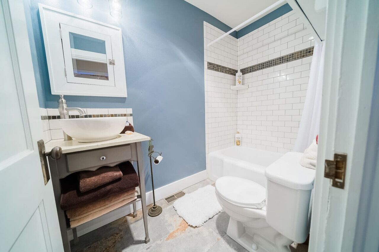 Hair dryer, towels, soap, toilet paper