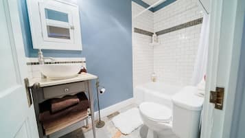 Hair dryer, towels, soap, toilet paper