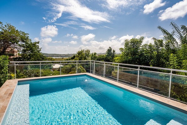 Een rechthoekig zwembad met helderblauw water, omgeven door een glazen balustrade en weelderige beplanting.
