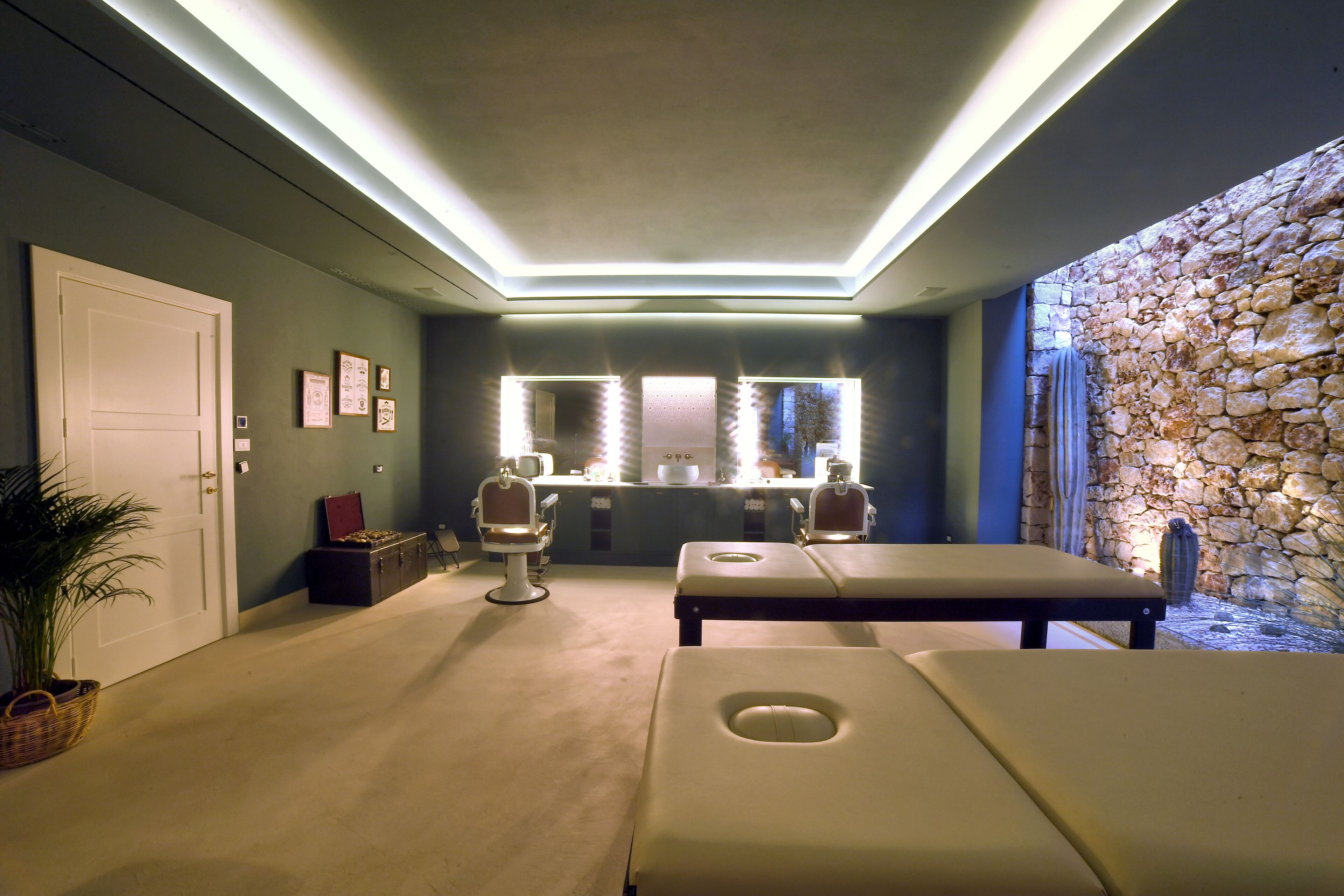 Une salle de spa comprenant deux tables de massage, un espace d’accueil avec un mur en pierre et une plante en pot près de la porte.