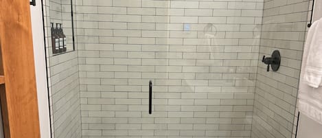 Chuveiro, secador de cabelo, toalhas de banho, sabonete
