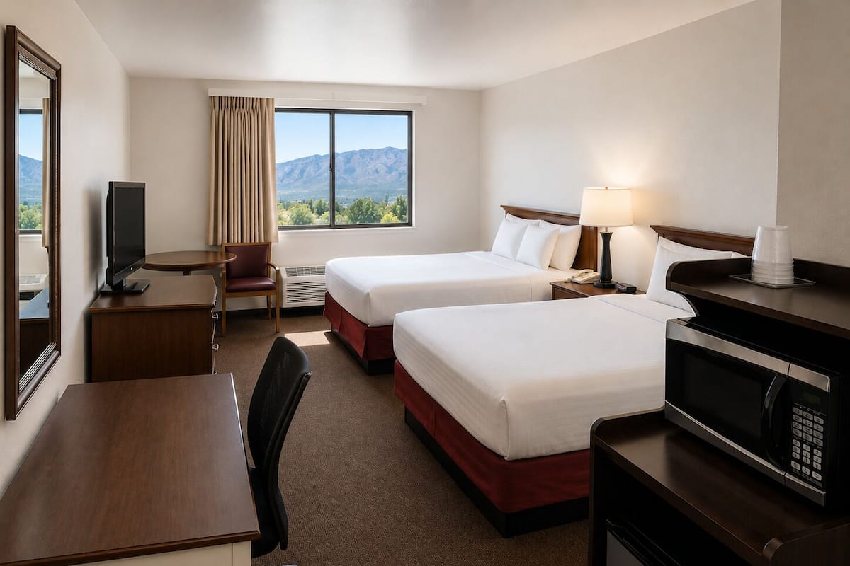 A hotel room with two beds, a desk with a chair, a television, a lamp, a microwave, and a view of mountains.